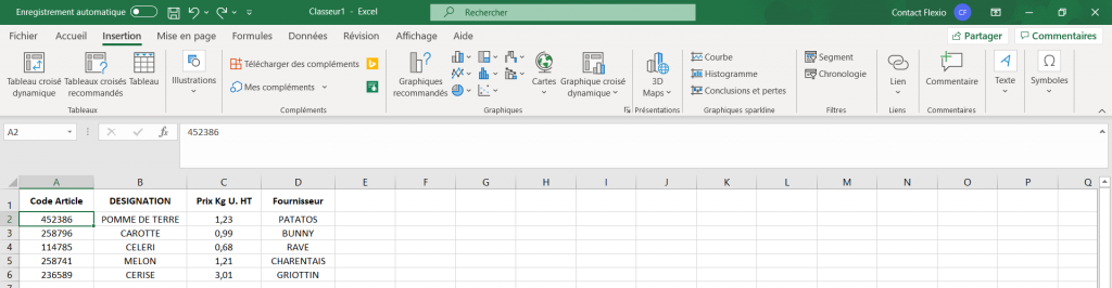 Transfert de données excel Flexio étape 1