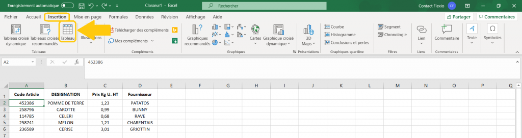 Transfert de données excel Flexio étape 2